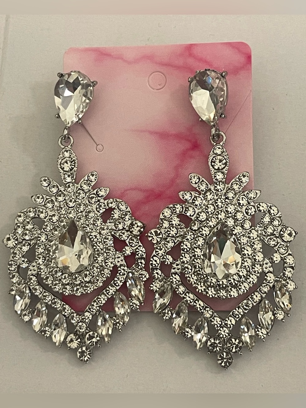 Crystal Teardrop Statement Earrings - Silver Tone